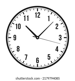 Reloj moderno con números árabes aislados en fondo blanco. Reloj de pared negro con flechas y rostro de reloj árabe. Vector