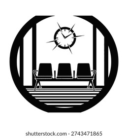 Modern clock centered above three minimalist chairs in a sleek monochromatic waiting area with striped flooring