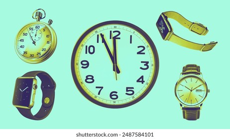 Modern clock design elements collage set with stylish green and yellow color. Vector illustration