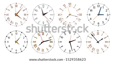 Modern clock faces. Minimalist watch, round clocks and watch face. Ticking clock timer measurement symbols, work time deadline metaphor. Isolated vector icons set