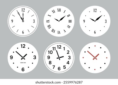 modern clock faces vector set. round shape watches. roman and arabic digits. numeral wall clocks. isolated illustration. clocks templates on grey background. modern and vintage looks.