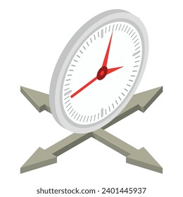 Modern clock icon isometric vector. New wall clock on different direction arrow. Time concept, interior element