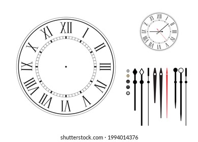Modern clockface in retro style with Roman numerals. Constructor set. different types of hour hands.
Black dial on white background