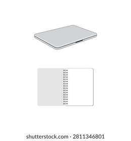 A modern closed laptop and blank open notebook vector set illustration for business office and workspace concepts.