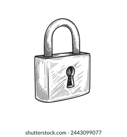 Modern closed padlock. Hand drawn sketch of safety and security symbol. Retro style. Vector illustration isolated on white.