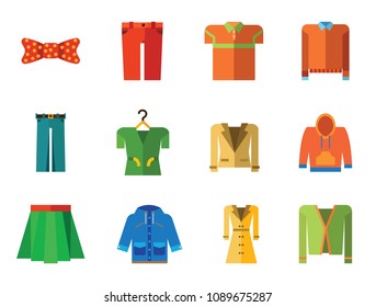 Modern Clothes Icon Set. T-shirt Jeans Bow Tie Hoody Sweatshirt Trousers Pleated Skirt Orange Sweater Coat Beige Jacket Polo Shirt Blue Raincoat Green Jacket Clothes On Hanger