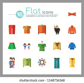 Modern Clothes Icon Set. T-shirt Jeans Bow Tie Hoody Sweatshirt Trousers Pleated Skirt Orange Sweater Coat Beige Jacket Polo Shirt Blue Raincoat Green Jacket Clothes On Hanger