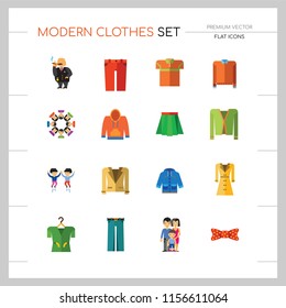 Modern Clothes Icon Set. T-shirt Jeans Bow Tie Hoody Sweatshirt Trousers Pleated Skirt Orange Sweater Coat Beige Jacket Shirt Blue Raincoat Green Jacket Clothes On Hanger