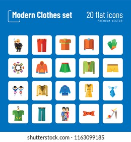 Modern Clothes Icon Set. T-shirt Jeans Bow Tie Hoody Sweatshirt Trousers Pleated Skirt Orange Sweater Coat Beige Jacket Polo Shirt Blue Raincoat Green Jacket Clothes On Hanger