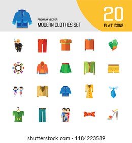 Modern Clothes Icon Set. T-shirt Jeans Bow Tie Hoody Sweatshirt Trousers Pleated Skirt Orange Sweater Coat Beige Jacket Polo Shirt Blue Raincoat Green Jacket Clothes On Hanger