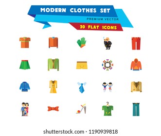 Modern Clothes Icon Set. T-shirt Jeans Bow Tie Hoody Sweatshirt Trousers Pleated Skirt Orange Sweater Coat Beige Jacket Polo Shirt Blue Raincoat Green Jacket Clothes On Hanger