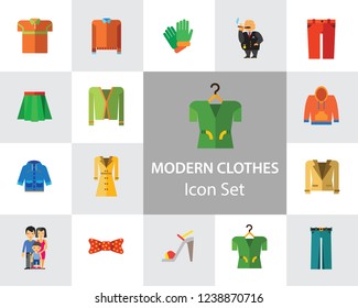 Modern Clothes Icon Set. T-shirt Jeans Bow Tie Hoody Sweatshirt Trousers Pleated Skirt Orange Sweater Coat Beige Jacket Polo Shirt Blue Raincoat Green Jacket Clothes On Hanger