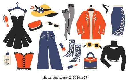 Modernes Kleidungsset. Stilvolle weibliche Outfits, Stiefel, Accessoire. Trendige Frau tragen isoliert. Modestrümpfe, Kleid, Schal, Hose, Bluse, Jacke.Vektor-Illustration für Werbung, Boutique, Shop