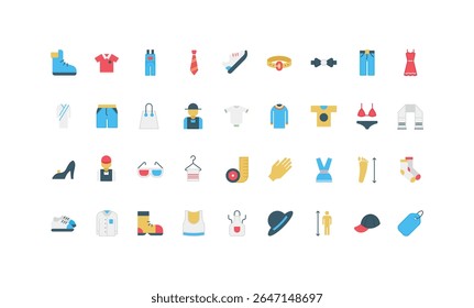 Modern clothes and shoes of man and woman, newborn bodysuit color icon set. Casual and luxury fashion dress, measuring tape and tailors arrows, different clothing flat collection vector illustration
