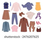 Modern clothing. Cartoon fashion clothes, pants, dress and jacket, male and female casual garments and accessories flat vector illustration set. Textile apparel collection