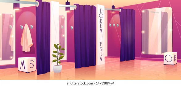 Modern clothing retail store comfortable dressing or fitting rooms row with heavy violet curtains, hanging from above lamps, full-length mirrors inside and wall hangers cartoon vector illustration