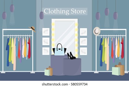 Modern clothing store interior design. Flat style vector illustration.