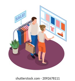 Modern clothing store isometric composition with view of fitting room with screen vector illustration