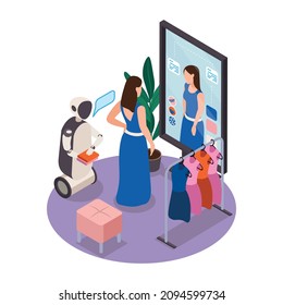 Modern clothing store isometric composition with view of fitting room and robotic shop assistant vector illustration