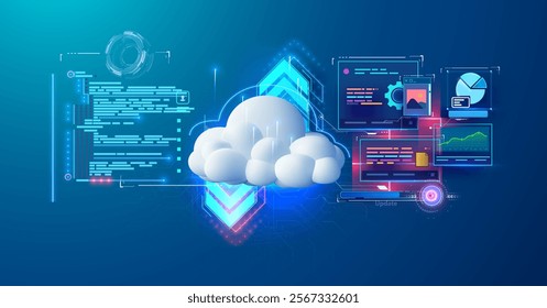 Modern cloud computing concept illustration with data storage, code snippet, analytics, and gear icons on a glowing tech background. Ideal for cloud solutions or big data.