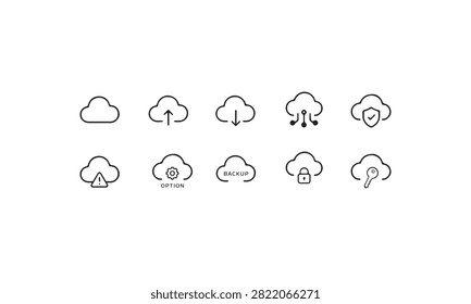 Modern cloud computing icon collection featuring storage upload download security backup server lock key shield network sync symbols for web app ui design technology
