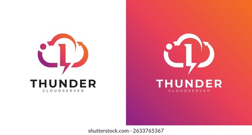 Modern cloud computing logo with gradient, arrow, and lightning bolt design