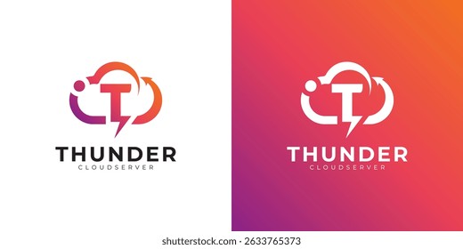 Modern cloud computing logo with gradient, arrow, and lightning bolt design