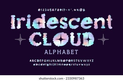 Modern cloud font, alphabet with holographic gradient. Letters and numbers. ABC alphabet in trendy rainbow flat style isolated on black background.