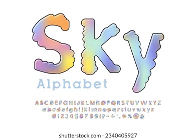 Modern cloud font, alphabet with holographic gradient. Letters and numbers. ABC alphabet in trendy rainbow flat style.