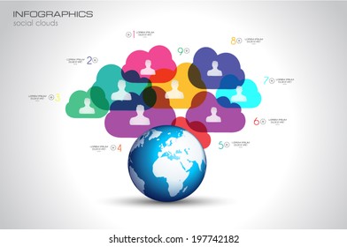 Modern Cloud Globals infographic concept background for social media advertising and communications with real devices mockup.