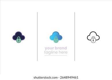 Modern cloud with lock icon set in gradient, flat, and monochrome. Ideal for cloud storage, SaaS security, backups, and data protection services.