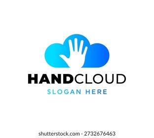 Logotipo moderno de la nube con un icono de mano blanca dentro de una nube de degradado azul, que simboliza los servicios digitales, la seguridad, la accesibilidad y las soluciones tecnológicas basadas en la nube.