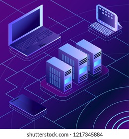 Modern cloud services and Cloud Computing Elements Isometric Concept. Device connected to the cloud. Isometric vector Illustration.