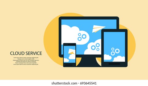 modern cloud services and Cloud Computing Elements Concept. Devices connected to the cloud with  Gears. Flat Vector Illustration.
