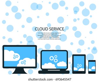modern cloud services and Cloud Computing Elements Concept. Devices connected to the cloud with  Gears. Flat Vector Illustration.