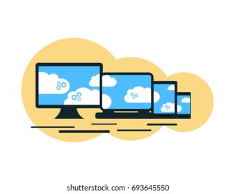 modern cloud services and Cloud Computing Elements Concept. Devices connected to the cloud with  Gears. Flat Vector Illustration.