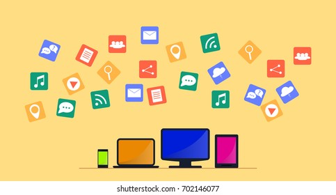 modern cloud services and Cloud Computing Elements Concept. Devices connected to the cloud with  Gears. Flat Vector Illustration.