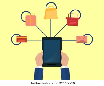 modern cloud services and Cloud Computing Elements Concept. Devices connected to the cloud with  Gears. Flat Vector Illustration.