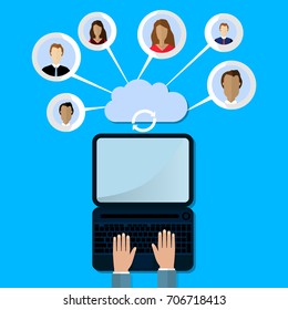 modern cloud services and Cloud Computing Elements Concept. Device connected to people around the world. Flat Vector Illustration.