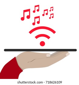 Modern Cloud Services and Cloud Computing Elements Concept. Flat Vector Illustration. Hand holds a tablet and share music. Vector flat illustration.