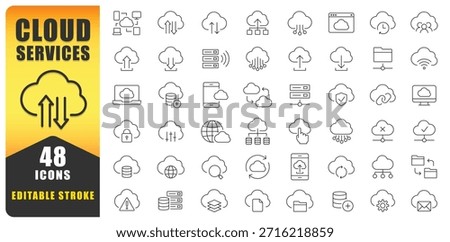 Modern Cloud Services Line Icon Set Featuring Editable Stroke Icons For Cloud Computing, Storage, Sync, Security, Backup, Network, And Data Management. Ideal For Web, App, And UI Design. Isolated Vector Icons.