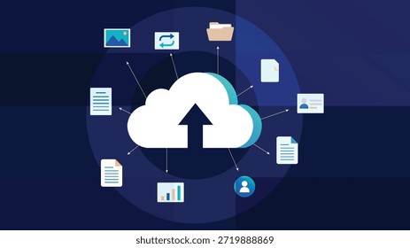 Moderne Cloud-Speicher-Illustration, die die Synchronisierung und Datenverwaltung von File-Uploads zwischen Geräten zeigt, die sich ideal für die Sicherung von IT-Unternehmenssoftware und Online-Services eignen
