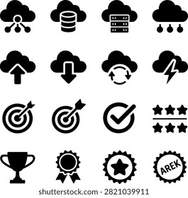 modern cloud technology achievement and service icons with upload download sync lightning symbols awards stars