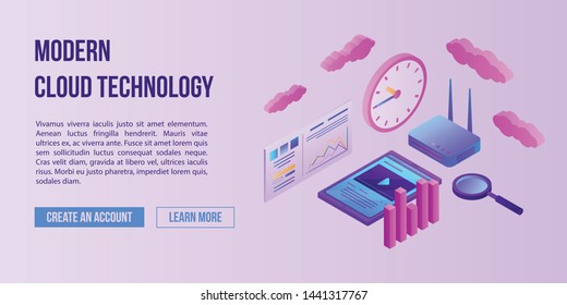 Modern cloud technology concept banner. Isometric illustration of modern cloud technology vector concept banner for web design
