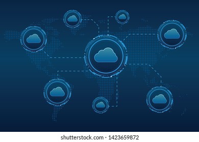 Modern cloud technology futuristic  on world map background.