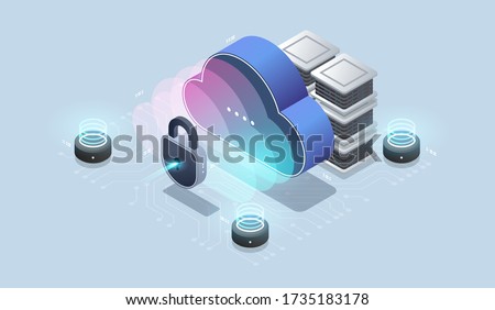Modern cloud technology and networking concept. Cloud database, Futuristic server energy station. Data visualization concept. 3d isometric vector illustration.