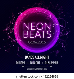 Modern Club Music Neon Beats Party Template, Dance Party musical Flyer, cover. Night electro Club Banner Poster