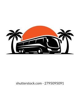 Modern coach bus graphic design with tropical foliage during a vibrant sunset. Ideal for travel and transportation branding.