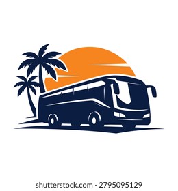 Modern coach bus silhouette during a tropical sunset. Ideal for travel agency promotions vacation packages and transportation services.