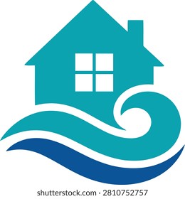 Modern coastal home logo featuring a turquoise house, window, and flowing blue ocean waves. Perfect for beach properties, vacation rentals, coastal real estate, resorts, water services, and seaside businesses.